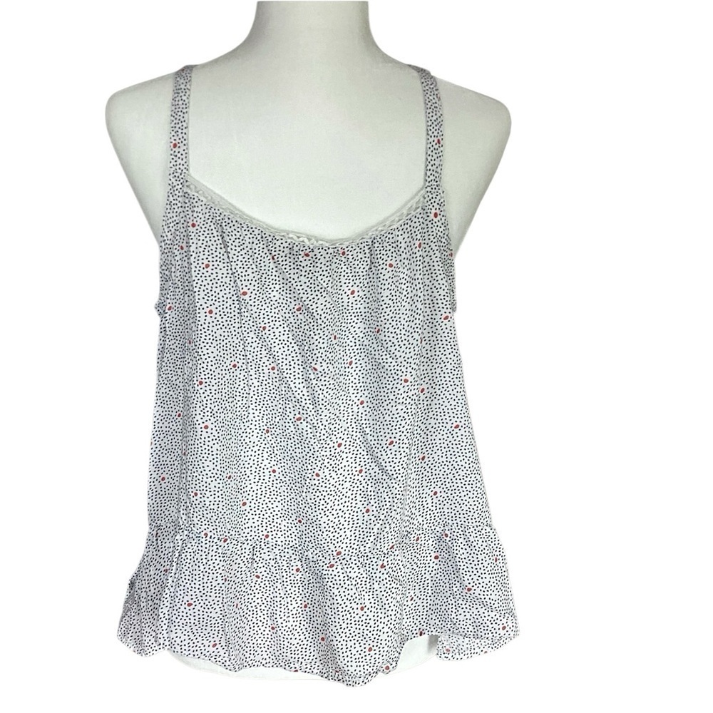 Lucky Brand Blue & Red Polka Dot on White Lace Trim Cotton Tank Top Size Large - Picture 5 of 16